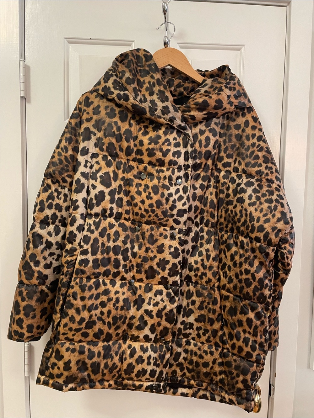 Zara Leopard Print Hooded Puffer Coat in Brown and Black